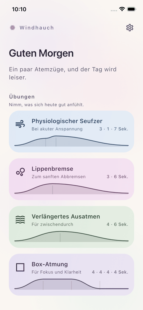 Windhauch-Startseite mit sechs Atemübungen als pastellfarbene Karten mit Rhythmus-Wellen