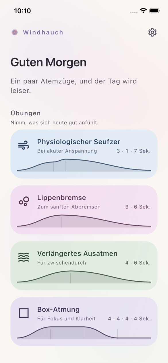 Windhauch-Startseite mit sechs Atemübungen als pastellfarbene Karten mit Rhythmus-Wellen
