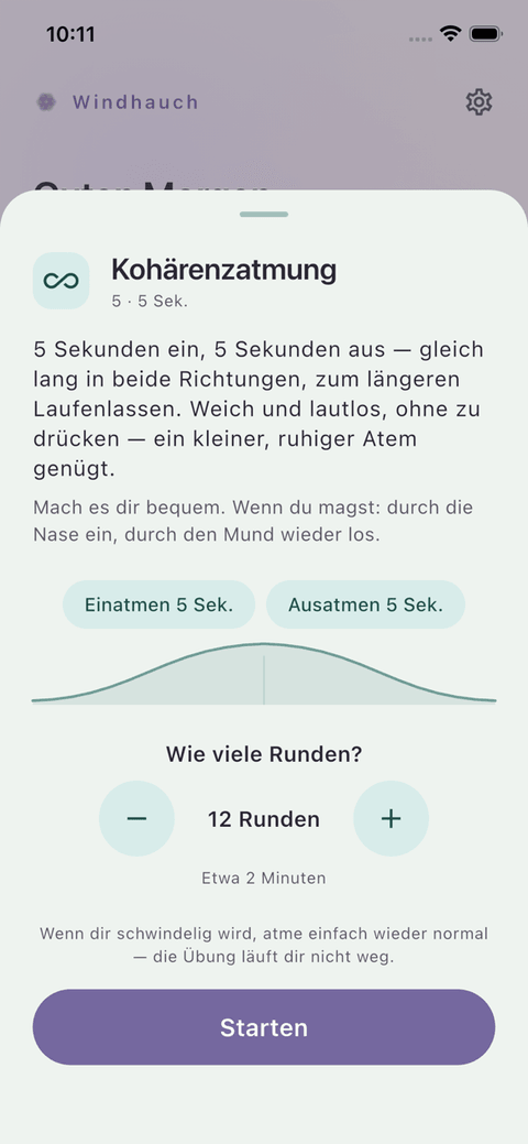 Start-Ansicht der Kohärenzatmung mit Beschreibung, Phasen und Rundenwahl
