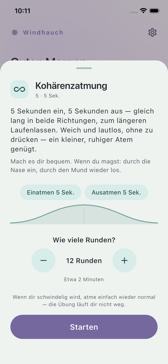 Start-Ansicht der Kohärenzatmung mit Beschreibung, Phasen und Rundenwahl